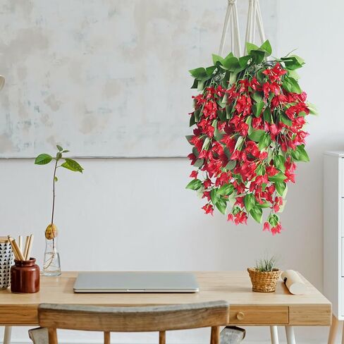 RECUTMS Artificial Fake Hanging Plants Flowers for Outdoor 4pcs Faux Silk Red Bougainvillea Long Vines Stems Realistic UV Resistant for Home Porch Patio Balcony Garden Yard Outside (rose red) in Saudi Arabia