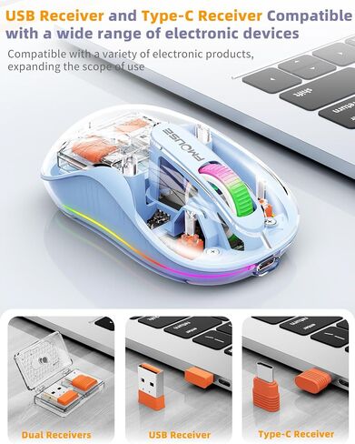 ماوس لاسلكي جميل، ماوس بلوتوث شفاف مزود بمستقبل USB ونوع C لجهاز MacBook/ipad/الكمبيوتر المحمول، ماوس محمول صامت قابل لإعادة الشحن للفتيات والنساء بأيدي صغيرة in Kuwait