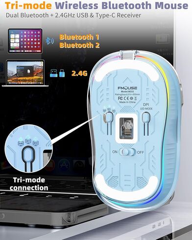 ماوس لاسلكي جميل، ماوس بلوتوث شفاف مزود بمستقبل USB ونوع C لجهاز MacBook/ipad/الكمبيوتر المحمول، ماوس محمول صامت قابل لإعادة الشحن للفتيات والنساء بأيدي صغيرة in Kuwait