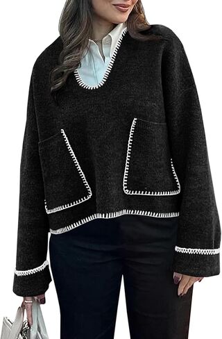 Saodimallsu Womens Cropped V Neck Sweater 2024 Fall Trendy Long Sleeve Loose Knit Pullover Crop Top Sweaters in Saudi Arabia