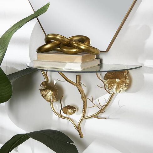 Deco 79 Metal Floral Branch Wall Shelf with Glass Top, 24" x 12" x 16", Black in Saudi Arabia