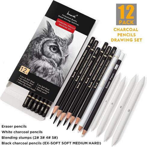 White Charcoal Pencils Set - 12 Piece Sketch Highlight White Pencils Set for Drawing, Sketching, Shading, Blending, Artist Pencils for Artists, Professionals or Beginners in Saudi Arabia