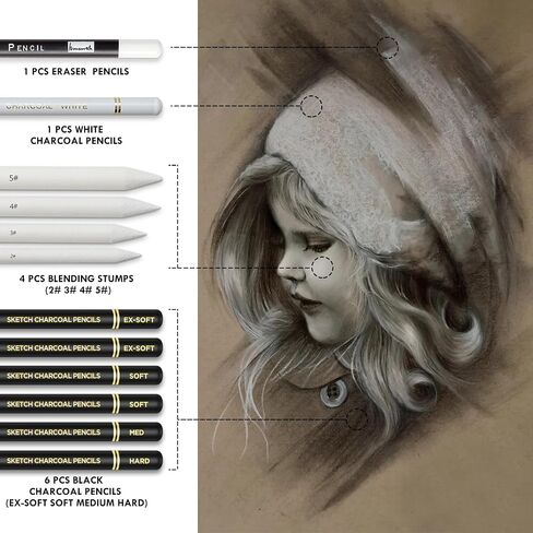 White Charcoal Pencils Set - 12 Piece Sketch Highlight White Pencils Set for Drawing, Sketching, Shading, Blending, Artist Pencils for Artists, Professionals or Beginners in Saudi Arabia