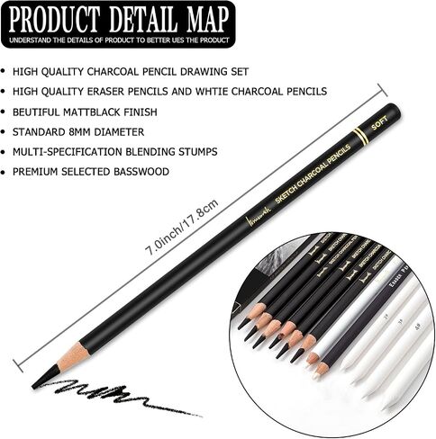White Charcoal Pencils Set - 12 Piece Sketch Highlight White Pencils Set for Drawing, Sketching, Shading, Blending, Artist Pencils for Artists, Professionals or Beginners in Saudi Arabia