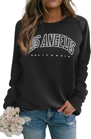 Dressmine Women's Los Angeles Crewneck Sweatshirt Casual Long Sleeve Raglan Shirts Cute Letter Print Pullover Tops Blue Meidum in Saudi Arabia
