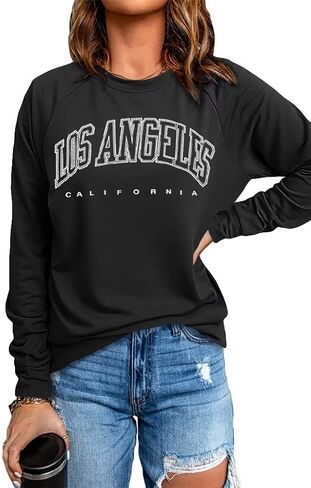Dressmine Women's Los Angeles Crewneck Sweatshirt Casual Long Sleeve Raglan Shirts Cute Letter Print Pullover Tops Blue Meidum in Saudi Arabia