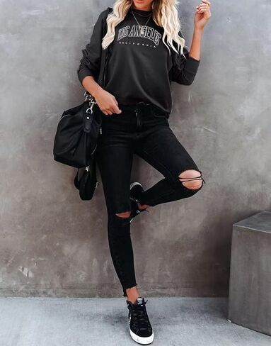Dressmine Women's Los Angeles Crewneck Sweatshirt Casual Long Sleeve Raglan Shirts Cute Letter Print Pullover Tops Blue Meidum in Saudi Arabia