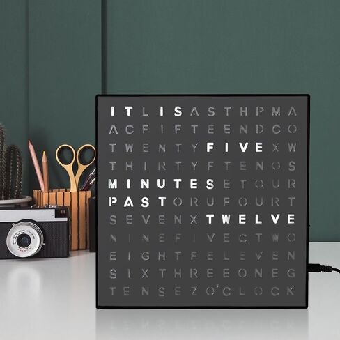 Stiles Word Clock, 8" by 8" Modern LED Desk Clock with USB Cable, Aluminum Clock with Words, Contemporary, Living Room, Bedroom, Home, or Office Lightup Decor,Black in Saudi Arabia