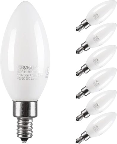 TORCHSTAR Dimmable E12 LED Candelabra Bulb, UL Listed, 60W Equivalent Chandelier Light Bulbs, 550lm, LED Filament Candle Bulb C11, Frosted Glass Ceiling Fan Light Bulbs, 2700K Soft White, Pack of 6 in Saudi Arabia