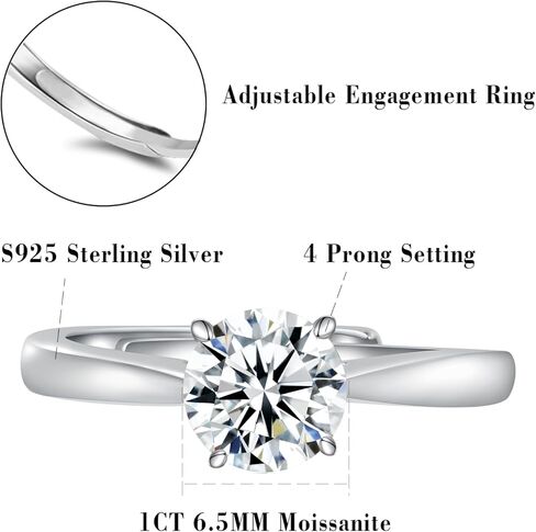MDFUN 0.5/1/2CT مويسانيتي خاتم الخطوبة والزفاف للنساء، 925 الفضة الاسترليني 18 قيراط مطلي بالذهب الأبيض مويسانيتي حلقات مفتوحة قابلة للتعديل خاتم الخلود in Kuwait