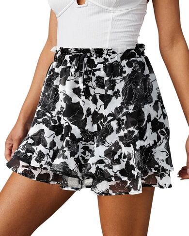 Flowy Shorts for Women Casual Boho Floral Skorts Ruffle Mini Skirts Running Tennis Butterfly Shorts Chiffon Shorts- Floral White M in Saudi Arabia