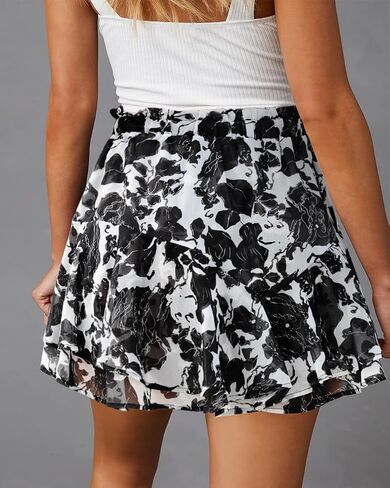 Flowy Shorts for Women Casual Boho Floral Skorts Ruffle Mini Skirts Running Tennis Butterfly Shorts Chiffon Shorts- Floral White M in Saudi Arabia