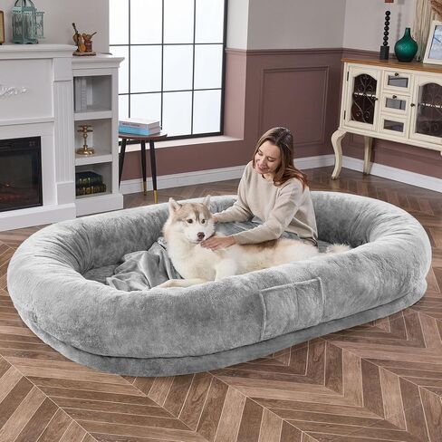 Human Dog Bed Adult Dog Bed Bean Bag Bed for Adults Giant Dog Bed Pet Beds for Large Dogs with Washable Faux Fur Cover Fluffy Dog Beanbeds(Grey) in Saudi Arabia