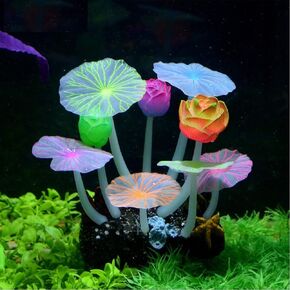 Glowing Effect Artificial Silicone Plant Lotus Flower with Leaves Mushrooms for Fish Tank Decoration Aquarium Ornament, 4Lotus Leaves&5Mushrooms