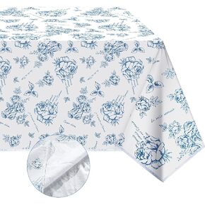 Blue and White Vintage Tablecloth Rectangle French Country Table Cover Blue Floral Flannel Backed Vinyl Table Cloth for Wedding Birthday Dinner Picnic Indoor Outdoor Decor (54 x 54 Inch)