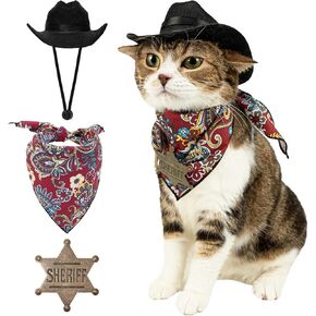 Pet Cowboy Costume Set for Dogs Cats Cosplay, Cowboy Hat Bandana Scarf Sheriff Badge Hippie Costume Cosplay Accessories for Puppy Cat Pet Holiday Party Decoration(Brown-S)