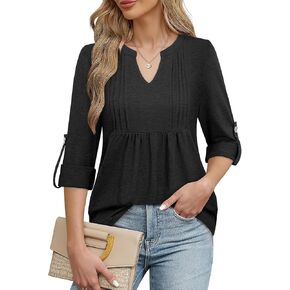 Bulotus 3/4 Length Sleeve Womens Tops Business Casual V Neck Blouses Loose Fit Tunic Tops