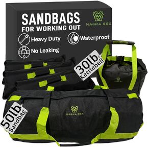 Sandbags for Working Out - Adjustable Sand Bags for Weight Training, Heavy Duty Equipment - 1 Outer Workout Sandbag, 3 Inner Sandbags, and 1 Soft Kettlebell (Black/Green, 50 lbs)