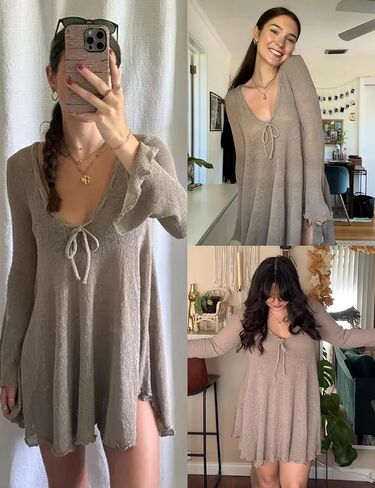 فستان نسائي قصير على شكل حرف A برباط وياقة على شكل ملعقة وأكمام طويلة على شكل جرس وحاشية مكشكشة محبوكة كاجوال للشاطئ in Kuwait