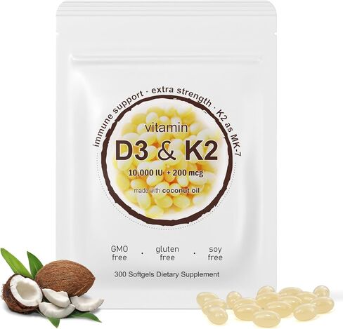 2-in-1 Vitamin D3 K2 Supplement Softgel, Vitamin D3 10000 IU and Vitamin K2 200 mcg, K2 MK7 with D3 Vitamin Supplement Support Immune, Heart, Joint, Teeth & Bone Health in Saudi Arabia