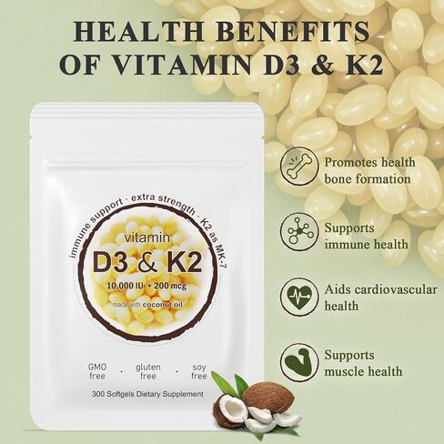 2-in-1 Vitamin D3 K2 Supplement Softgel, Vitamin D3 10000 IU and Vitamin K2 200 mcg, K2 MK7 with D3 Vitamin Supplement Support Immune, Heart, Joint, Teeth & Bone Health in Saudi Arabia