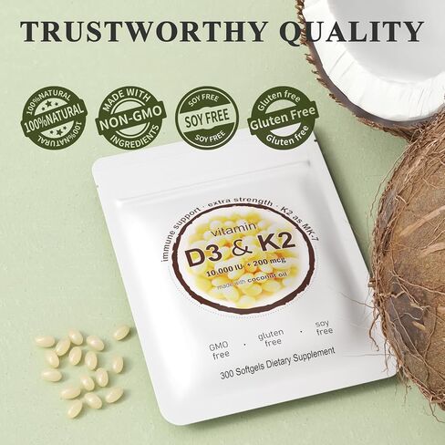 2-in-1 Vitamin D3 K2 Supplement Softgel, Vitamin D3 10000 IU and Vitamin K2 200 mcg, K2 MK7 with D3 Vitamin Supplement Support Immune, Heart, Joint, Teeth & Bone Health in Saudi Arabia