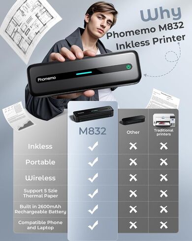 Phomemo Portable Printer,[Upgrade]M832 Inkless Printer,Bluetooth Portable Printers Wireless for Travel,8.5''x 11''Thermal Printer Support Multi Sizes for Home,Office,Car,Compatible with Phone & Laptop in Saudi Arabia
