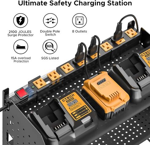 CRST Power Tool Organizer Wall Mount with Charging Station, Cordless Drill Holder with 8-Outlet Power Strip, Modular Garage Organization Storage Rack Shelf, DIY Pegboard, Gift for Men Yellow in Saudi Arabia