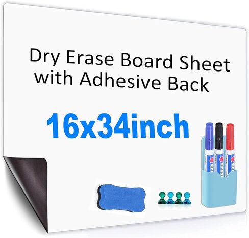 لوح أبيض للمسح الجاف مع ظهر لاصق، لوح أبيض ذاتي اللصق مقاس 12 × 18 بوصة للجدار والثلاجة والزجاج وسبورة بيضاء مغناطيسية قابلة للقطع للمكتب والمنزل والمدرسة مع علامات وممحاة ومغناطيس in Kuwait