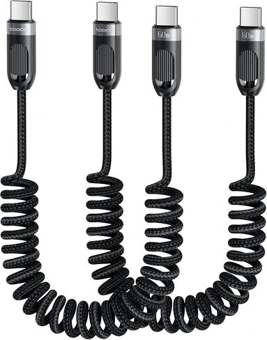 كابل ملفوف USB C إلى USB C 2 حزمة كابل شحن سريع مجدول قابل للسحب بطول 5 أقدام للسيارة، متوافق مع iPhone 16/15/14/12 Pro Max/Galaxy S24/S23/S22، يدعم تشغيل السيارة وAndroid Auto-Grey in Saudi Arabia