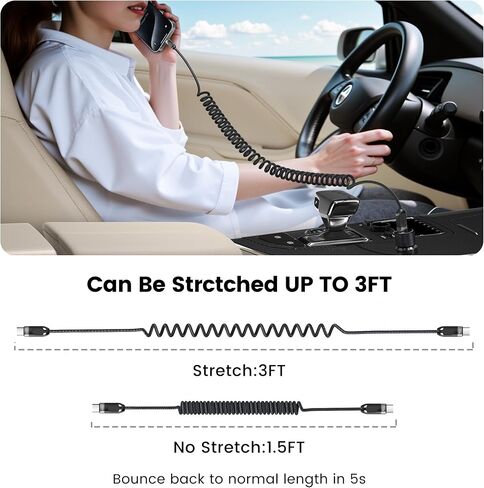 كابل ملفوف USB C إلى USB C 2 حزمة كابل شحن سريع مجدول قابل للسحب بطول 5 أقدام للسيارة، متوافق مع iPhone 16/15/14/12 Pro Max/Galaxy S24/S23/S22، يدعم تشغيل السيارة وAndroid Auto-Grey in Saudi Arabia