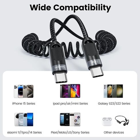 كابل ملفوف USB C إلى USB C 2 حزمة كابل شحن سريع مجدول قابل للسحب بطول 5 أقدام للسيارة، متوافق مع iPhone 16/15/14/12 Pro Max/Galaxy S24/S23/S22، يدعم تشغيل السيارة وAndroid Auto-Grey in Saudi Arabia