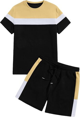 Babioboa Men's Short Sleeve Colorblock T Shirt & Shorts Sweatsuit Set Summer 2 Piece Outfits Casual Athletic Sports Tracksuit in Saudi Arabia