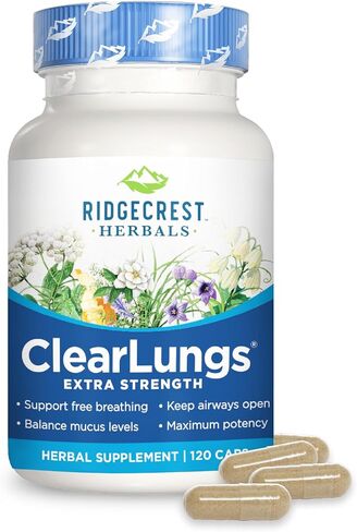 RidgeCrest Herbals ClearLungs قوة إضافية، الرئة الطبيعية، تركيبة صحة الأنف، القصبات الهوائية، الجهاز التنفسي، الجيوب الأنفية، دعم المخاط (60 كبسولة، 30 خدمة) in Kuwait
