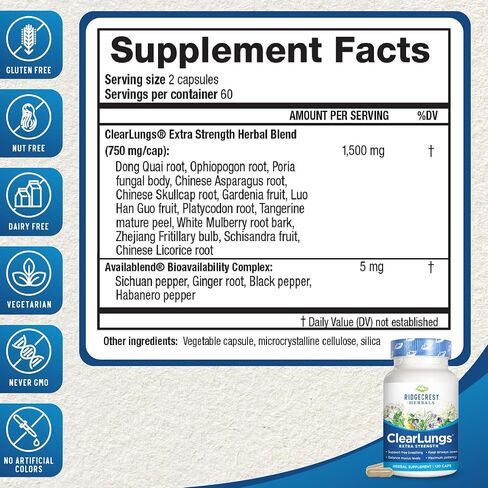 RidgeCrest Herbals ClearLungs قوة إضافية، الرئة الطبيعية، تركيبة صحة الأنف، القصبات الهوائية، الجهاز التنفسي، الجيوب الأنفية، دعم المخاط (60 كبسولة، 30 خدمة) in Kuwait