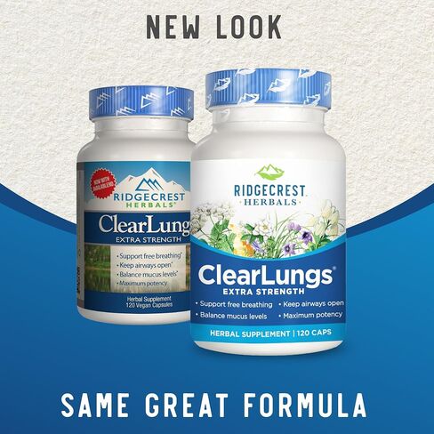RidgeCrest Herbals ClearLungs قوة إضافية، الرئة الطبيعية، تركيبة صحة الأنف، القصبات الهوائية، الجهاز التنفسي، الجيوب الأنفية، دعم المخاط (60 كبسولة، 30 خدمة) in Kuwait