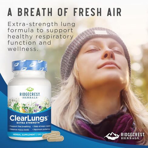 RidgeCrest Herbals ClearLungs قوة إضافية، الرئة الطبيعية، تركيبة صحة الأنف، القصبات الهوائية، الجهاز التنفسي، الجيوب الأنفية، دعم المخاط (60 كبسولة، 30 خدمة) in Kuwait