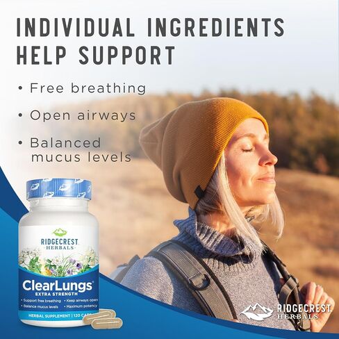 RidgeCrest Herbals ClearLungs قوة إضافية، الرئة الطبيعية، تركيبة صحة الأنف، القصبات الهوائية، الجهاز التنفسي، الجيوب الأنفية، دعم المخاط (60 كبسولة، 30 خدمة) in Kuwait