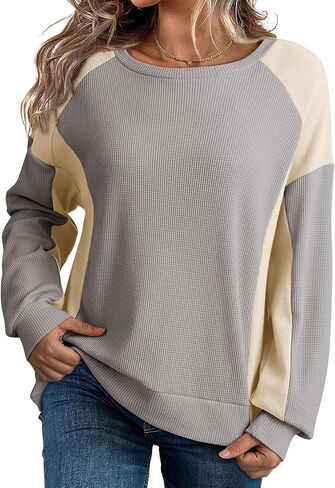 Dokotoo Oversized Sweatshirt for Women Waffle Knit Color Block Crewneck Long Sleeve Casual High Low Pullover Sweatshirts Tops in Saudi Arabia