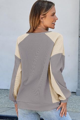 Dokotoo Oversized Sweatshirt for Women Waffle Knit Color Block Crewneck Long Sleeve Casual High Low Pullover Sweatshirts Tops in Saudi Arabia