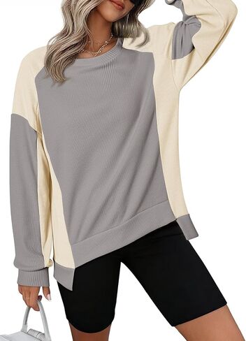 Dokotoo Oversized Sweatshirt for Women Waffle Knit Color Block Crewneck Long Sleeve Casual High Low Pullover Sweatshirts Tops in Saudi Arabia