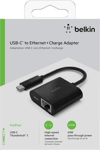 Belkin Connect USB-C to Ethernet + Charge Adapter 100W w/Gigabit Ethernet Port and USB-C Port - 10/100/1000 Mbps for Fast Internet Connection - Compatible with iPhone 15, Samsung Galaxy S24, & More in Kuwait