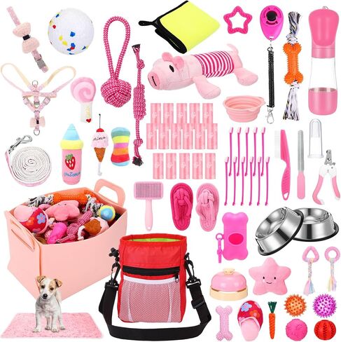 65 Pcs Puppy Supplies Starter Kit Small Dog Essentials Includes Dog Leash, Toys, Bowl, Brushes, Water Bottles, pet Blankets Puppy Accessories for New Welcome Gift Supplies(Cool,Blue) in Saudi Arabia