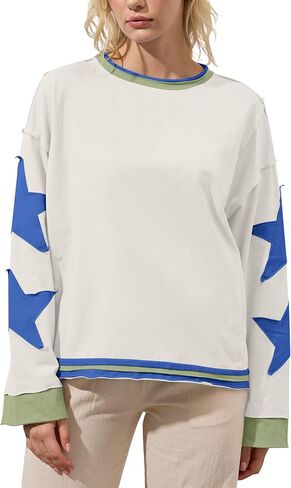 Women Oversized Star Graphic Sweatshirts Crewneck Drop Shoulder Pullover Top Y2K Vintage Long Sleeve Sweater Shirts in Kuwait