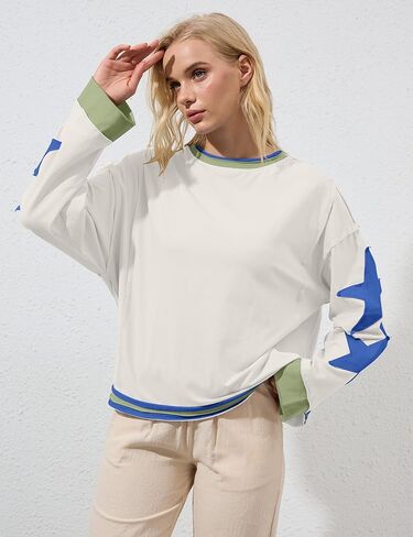 Women Oversized Star Graphic Sweatshirts Crewneck Drop Shoulder Pullover Top Y2K Vintage Long Sleeve Sweater Shirts in Kuwait