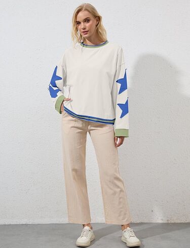 Women Oversized Star Graphic Sweatshirts Crewneck Drop Shoulder Pullover Top Y2K Vintage Long Sleeve Sweater Shirts in Kuwait