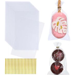 100 Pack 3x6 Inches Cakesicle Bags with Ties and Sticks - Clear Cellophane Bags for Candy, Bakery, Party Favor