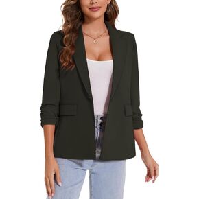 MINTLIMIT Womens Blazer 3/4 Ruched Sleeve Notch Lapel Business Work Blazers One Button Open Front Casual Jackets with Pockets
