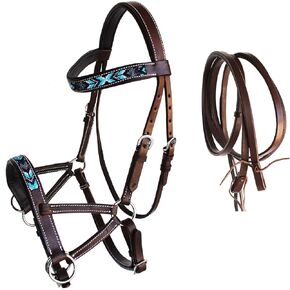 CHALLENGER Horse Western Leather Tack Beaded Bitless Sidepull Bridle Reins Brown 77RS18BR