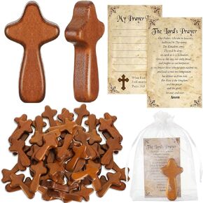 Kigley 60 Set Mini Wood Holding Crosses Bulk 60 Small Pocket Hand Crosses 60 Prayer Cards 60 Bags for Christmas Christian Church Jesus Cross Gift Bulk (Leaves,Organza)